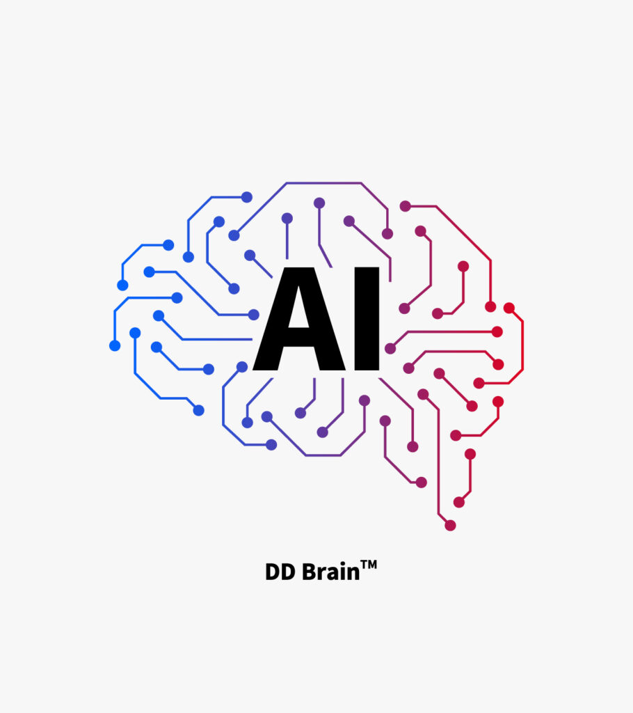 Icon von DD Brain, das ein illustriertes Gehirn mit den Buchstaben AI zeigt, die für Künstliche Intelligenz stehen.